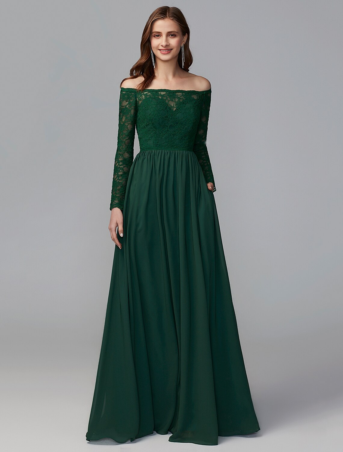 Wholesale A-Line Bridesmaid Dress Off Shoulder Long Sleeve Elegant Floor Length Chiffon / Lace with Lace
